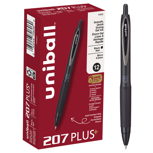 uniball™ 207 Plus+ Retractable Gel Pens, Micro Point (0.5mm), Black, 12 Pack