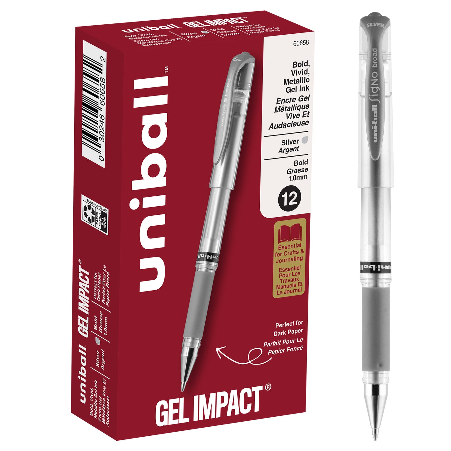 uniball™ Signo Gel Impact Pens, Bold Point (1.0mm), Silver Metallic, 12 Pack
